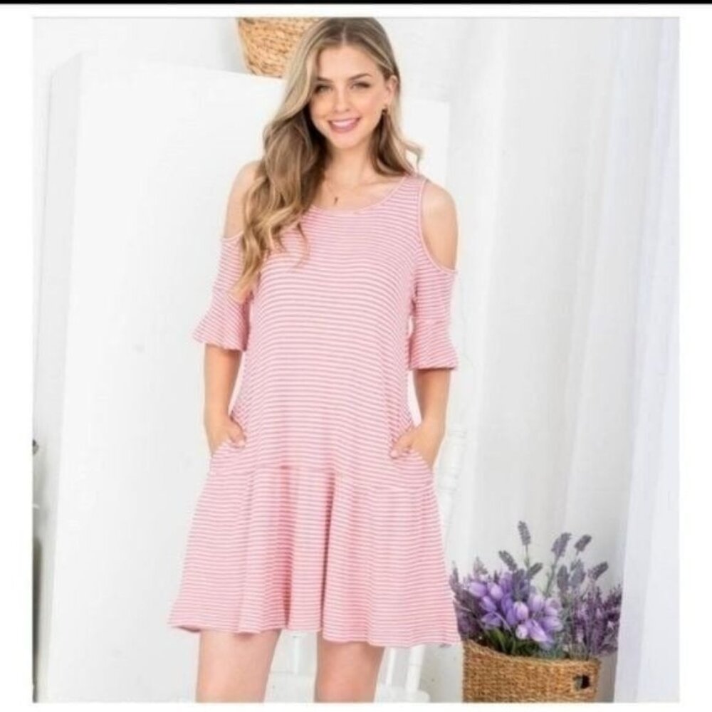 COLD SHOULDER THERMAL STRIPED TIERED DRESS-NEW